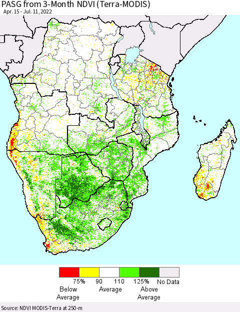 Southern Africa PASG from 3-Month NDVI (Terra-MODIS) Thematic Map For 7/4/2022 - 7/11/2022