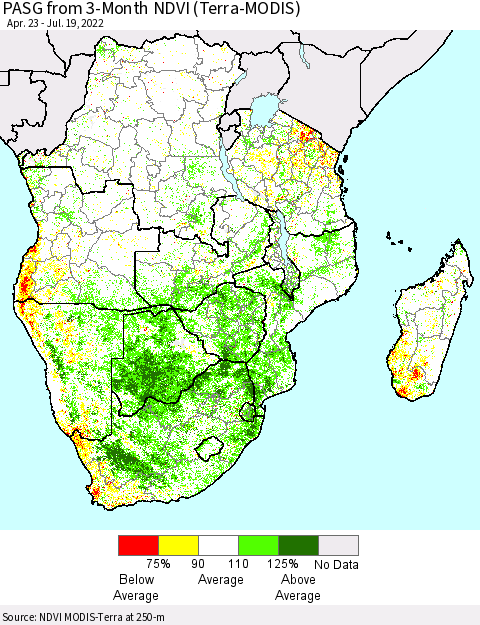 Southern Africa PASG from 3-Month NDVI (Terra-MODIS) Thematic Map For 7/12/2022 - 7/19/2022