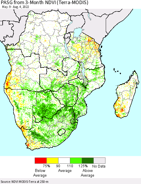 Southern Africa PASG from 3-Month NDVI (Terra-MODIS) Thematic Map For 7/28/2022 - 8/4/2022