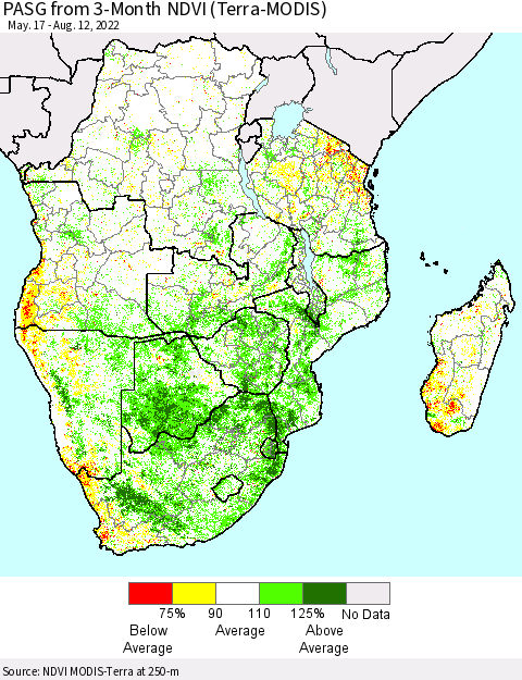 Southern Africa PASG from 3-Month NDVI (Terra-MODIS) Thematic Map For 8/5/2022 - 8/12/2022
