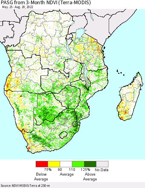 Southern Africa PASG from 3-Month NDVI (Terra-MODIS) Thematic Map For 8/13/2022 - 8/20/2022