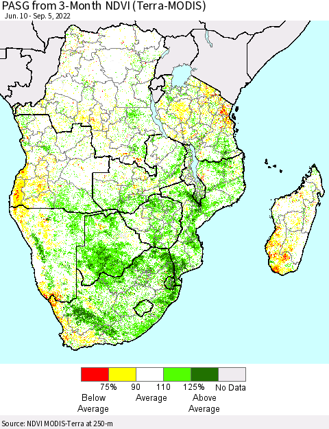 Southern Africa PASG from 3-Month NDVI (Terra-MODIS) Thematic Map For 8/29/2022 - 9/5/2022