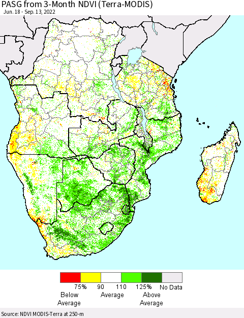 Southern Africa PASG from 3-Month NDVI (Terra-MODIS) Thematic Map For 9/6/2022 - 9/13/2022