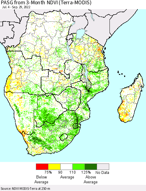 Southern Africa PASG from 3-Month NDVI (Terra-MODIS) Thematic Map For 9/22/2022 - 9/29/2022