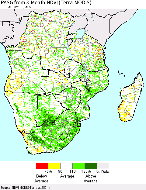 Southern Africa PASG from 3-Month NDVI (Terra-MODIS) Thematic Map For 10/8/2022 - 10/15/2022