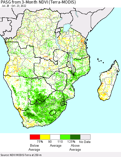 Southern Africa PASG from 3-Month NDVI (Terra-MODIS) Thematic Map For 10/16/2022 - 10/23/2022