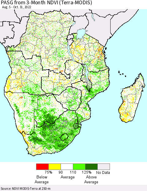 Southern Africa PASG from 3-Month NDVI (Terra-MODIS) Thematic Map For 10/24/2022 - 10/31/2022