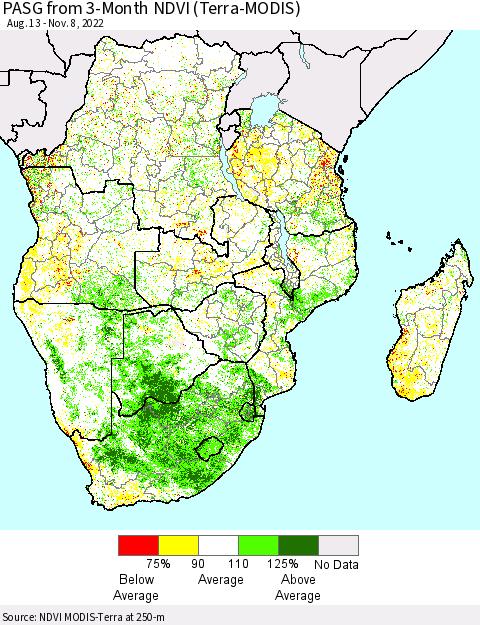 Southern Africa PASG from 3-Month NDVI (Terra-MODIS) Thematic Map For 11/1/2022 - 11/8/2022