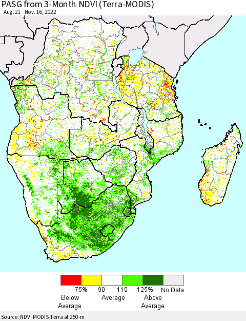 Southern Africa PASG from 3-Month NDVI (Terra-MODIS) Thematic Map For 11/9/2022 - 11/16/2022