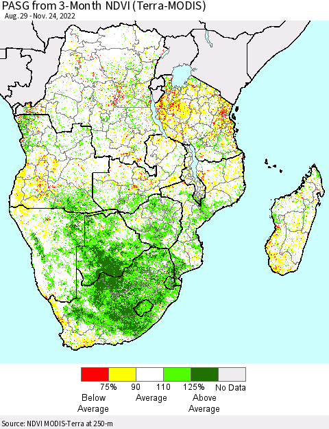 Southern Africa PASG from 3-Month NDVI (Terra-MODIS) Thematic Map For 11/17/2022 - 11/24/2022