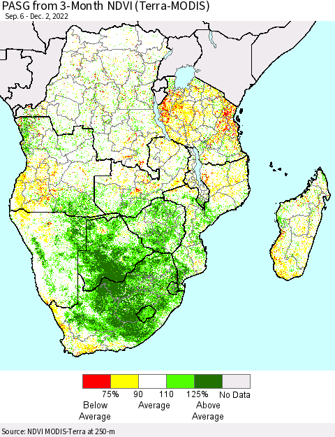 Southern Africa PASG from 3-Month NDVI (Terra-MODIS) Thematic Map For 11/25/2022 - 12/2/2022