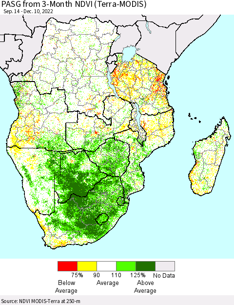 Southern Africa PASG from 3-Month NDVI (Terra-MODIS) Thematic Map For 12/3/2022 - 12/10/2022