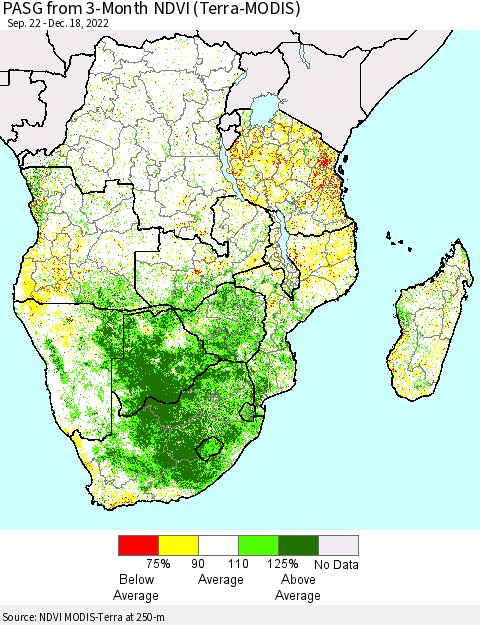 Southern Africa PASG from 3-Month NDVI (Terra-MODIS) Thematic Map For 12/11/2022 - 12/18/2022