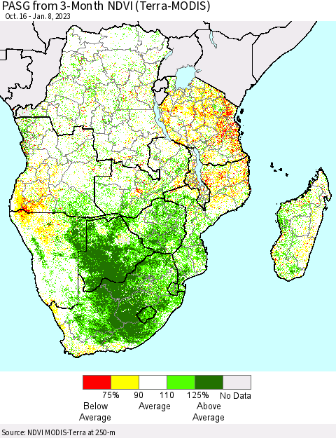 Southern Africa PASG from 3-Month NDVI (Terra-MODIS) Thematic Map For 1/1/2023 - 1/8/2023