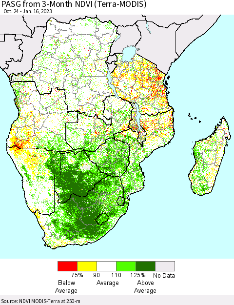 Southern Africa PASG from 3-Month NDVI (Terra-MODIS) Thematic Map For 1/9/2023 - 1/16/2023