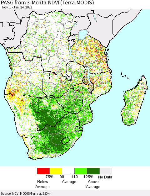 Southern Africa PASG from 3-Month NDVI (Terra-MODIS) Thematic Map For 1/17/2023 - 1/24/2023