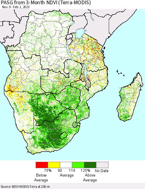 Southern Africa PASG from 3-Month NDVI (Terra-MODIS) Thematic Map For 1/25/2023 - 2/1/2023