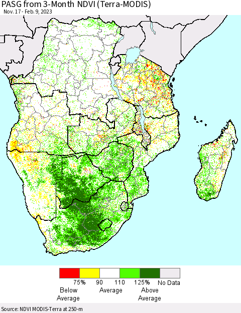 Southern Africa PASG from 3-Month NDVI (Terra-MODIS) Thematic Map For 2/2/2023 - 2/9/2023