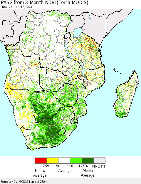 Southern Africa PASG from 3-Month NDVI (Terra-MODIS) Thematic Map For 2/10/2023 - 2/17/2023