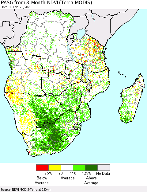 Southern Africa PASG from 3-Month NDVI (Terra-MODIS) Thematic Map For 2/18/2023 - 2/25/2023