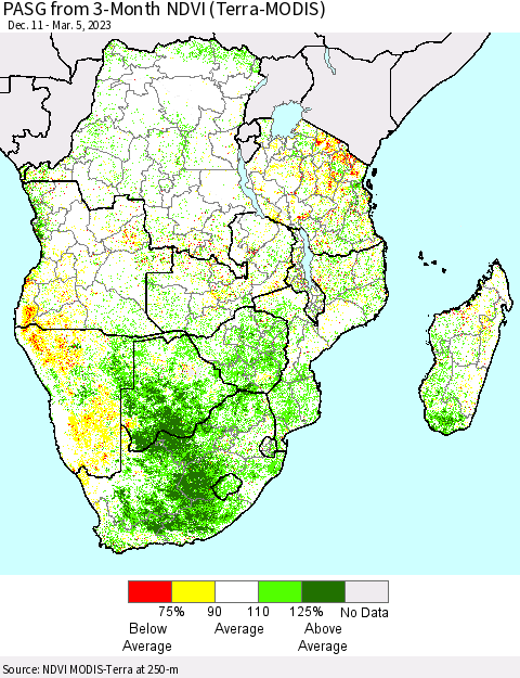 Southern Africa PASG from 3-Month NDVI (Terra-MODIS) Thematic Map For 2/26/2023 - 3/5/2023