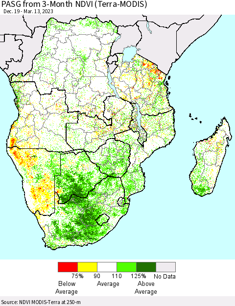 Southern Africa PASG from 3-Month NDVI (Terra-MODIS) Thematic Map For 3/6/2023 - 3/13/2023