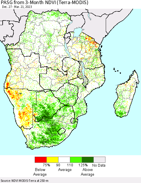 Southern Africa PASG from 3-Month NDVI (Terra-MODIS) Thematic Map For 3/14/2023 - 3/21/2023