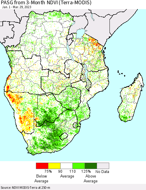 Southern Africa PASG from 3-Month NDVI (Terra-MODIS) Thematic Map For 3/22/2023 - 3/29/2023
