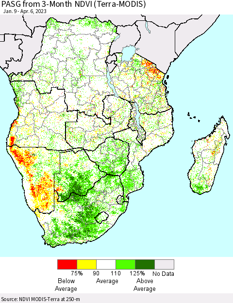 Southern Africa PASG from 3-Month NDVI (Terra-MODIS) Thematic Map For 3/30/2023 - 4/6/2023