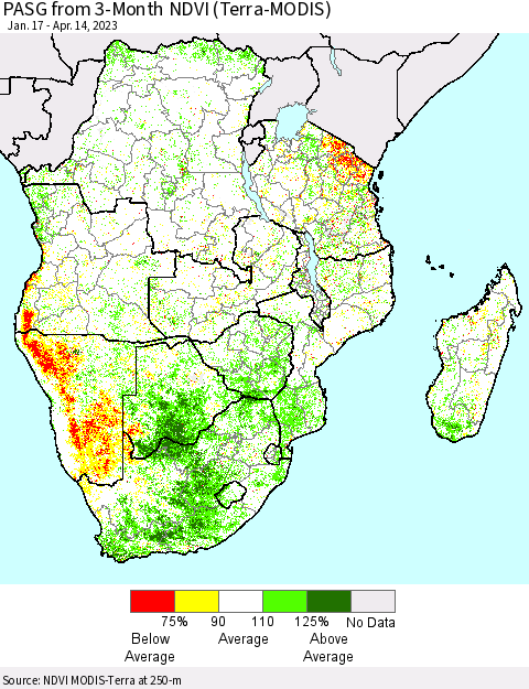 Southern Africa PASG from 3-Month NDVI (Terra-MODIS) Thematic Map For 4/7/2023 - 4/14/2023
