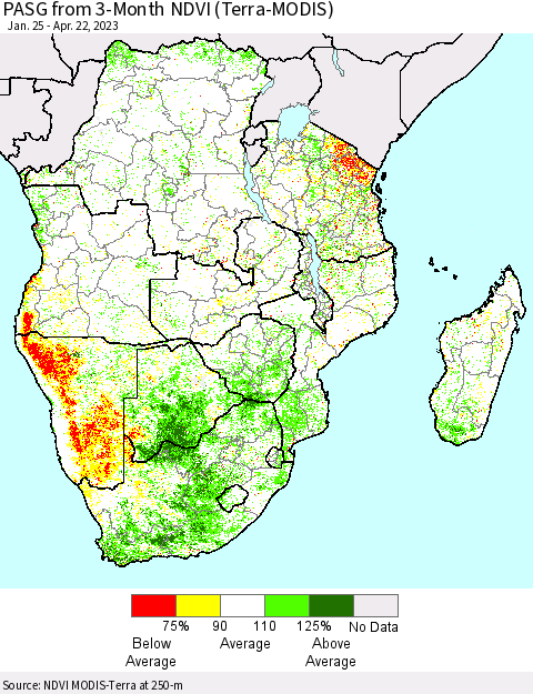 Southern Africa PASG from 3-Month NDVI (Terra-MODIS) Thematic Map For 4/15/2023 - 4/22/2023