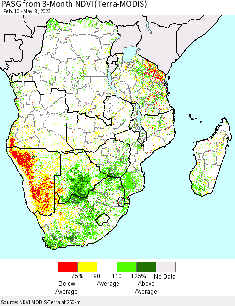 Southern Africa PASG from 3-Month NDVI (Terra-MODIS) Thematic Map For 5/1/2023 - 5/8/2023