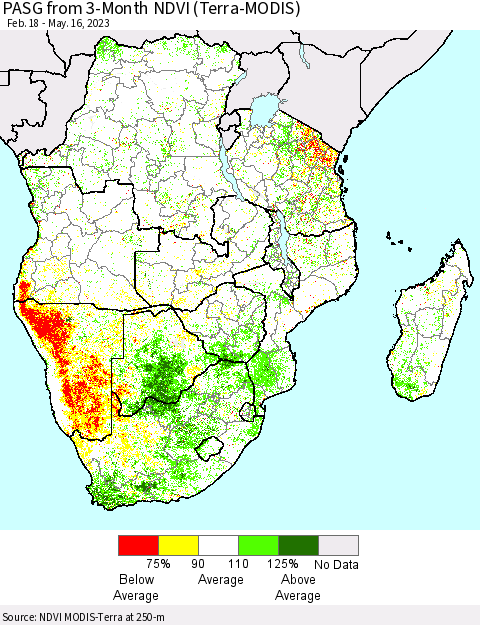 Southern Africa PASG from 3-Month NDVI (Terra-MODIS) Thematic Map For 5/9/2023 - 5/16/2023