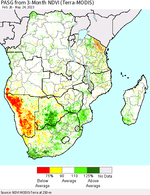 Southern Africa PASG from 3-Month NDVI (Terra-MODIS) Thematic Map For 5/17/2023 - 5/24/2023