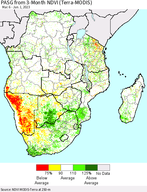 Southern Africa PASG from 3-Month NDVI (Terra-MODIS) Thematic Map For 5/25/2023 - 6/1/2023