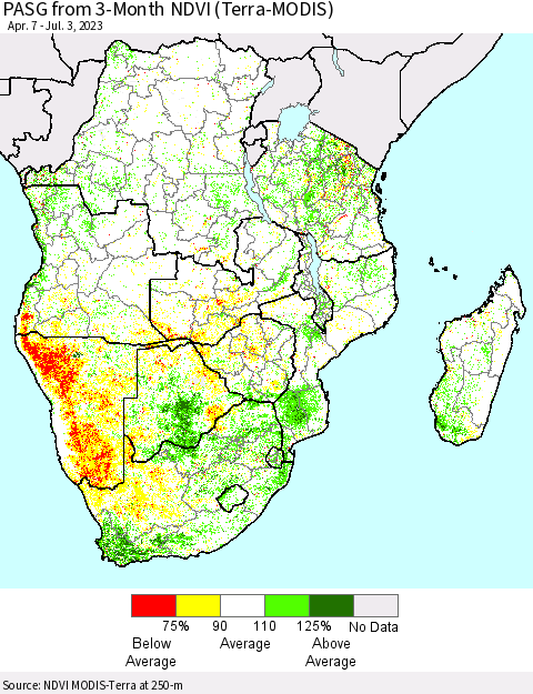 Southern Africa PASG from 3-Month NDVI (Terra-MODIS) Thematic Map For 6/26/2023 - 7/3/2023