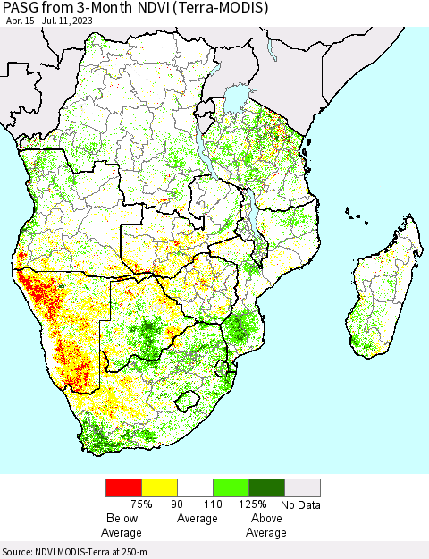 Southern Africa PASG from 3-Month NDVI (Terra-MODIS) Thematic Map For 7/4/2023 - 7/11/2023
