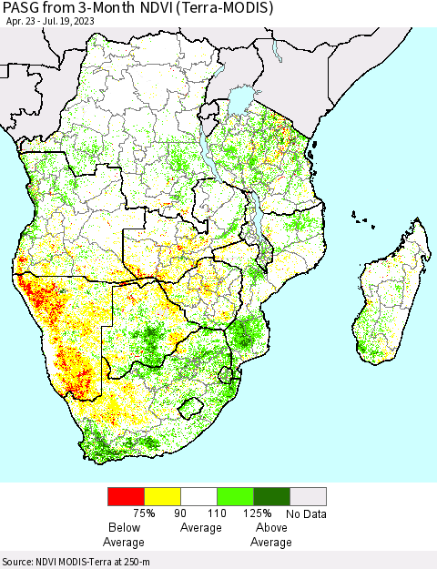 Southern Africa PASG from 3-Month NDVI (Terra-MODIS) Thematic Map For 7/12/2023 - 7/19/2023
