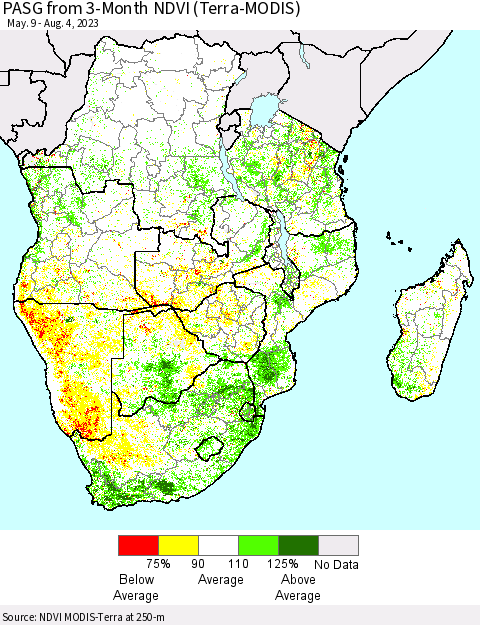 Southern Africa PASG from 3-Month NDVI (Terra-MODIS) Thematic Map For 7/28/2023 - 8/4/2023