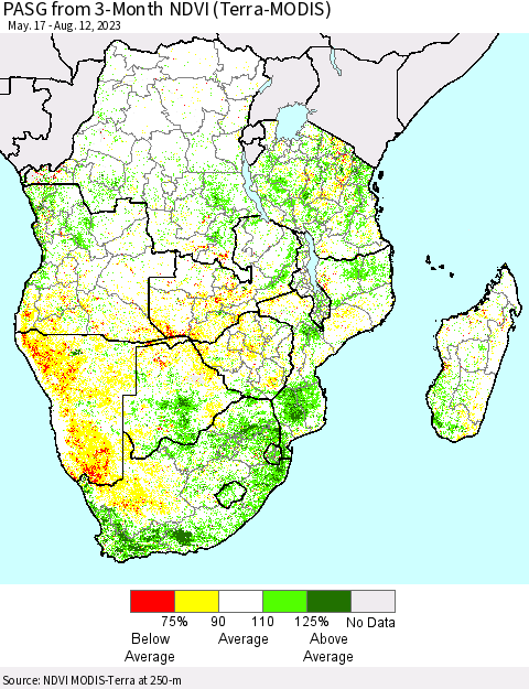 Southern Africa PASG from 3-Month NDVI (Terra-MODIS) Thematic Map For 8/5/2023 - 8/12/2023