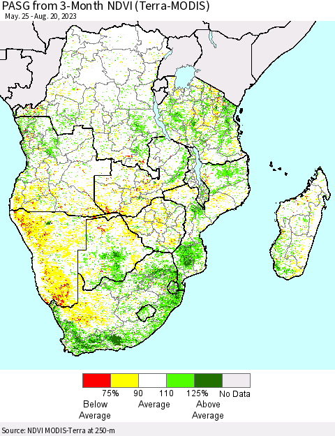 Southern Africa PASG from 3-Month NDVI (Terra-MODIS) Thematic Map For 8/13/2023 - 8/20/2023