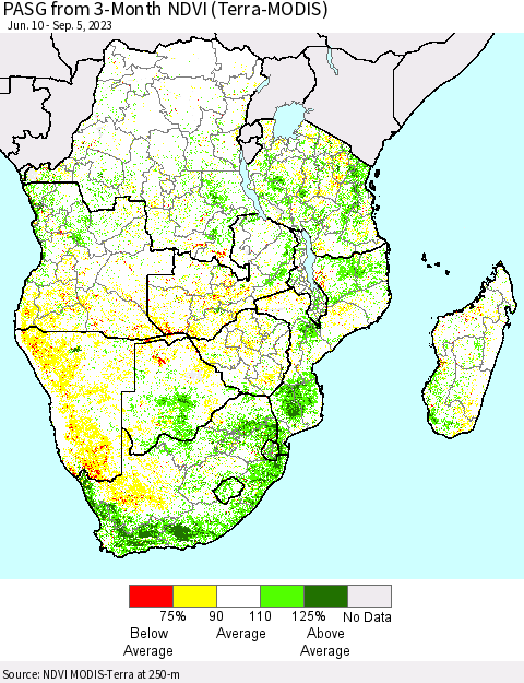 Southern Africa PASG from 3-Month NDVI (Terra-MODIS) Thematic Map For 8/29/2023 - 9/5/2023