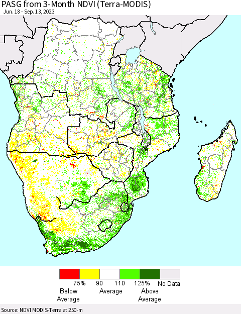 Southern Africa PASG from 3-Month NDVI (Terra-MODIS) Thematic Map For 9/6/2023 - 9/13/2023
