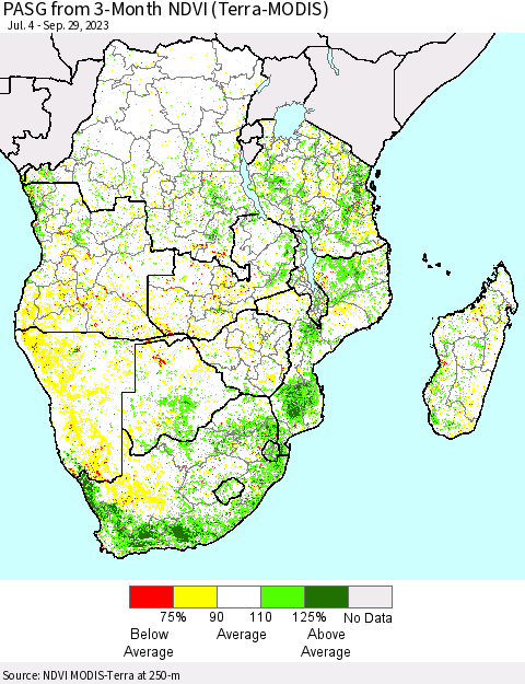 Southern Africa PASG from 3-Month NDVI (Terra-MODIS) Thematic Map For 9/22/2023 - 9/29/2023
