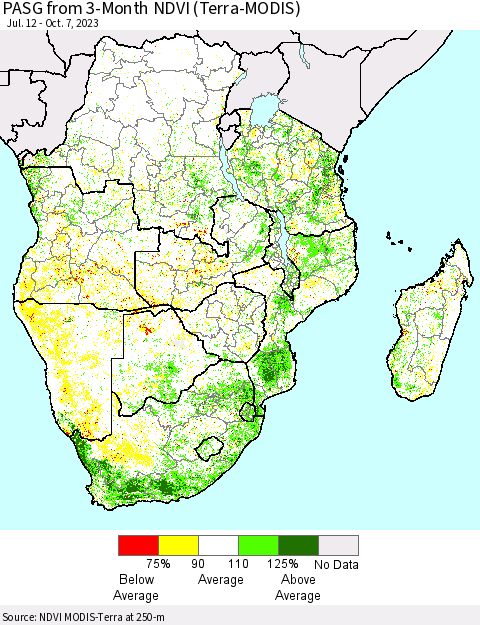 Southern Africa PASG from 3-Month NDVI (Terra-MODIS) Thematic Map For 9/30/2023 - 10/7/2023