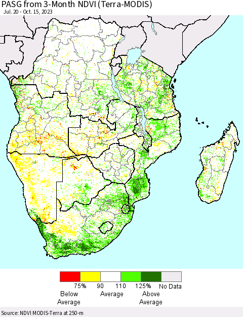 Southern Africa PASG from 3-Month NDVI (Terra-MODIS) Thematic Map For 10/8/2023 - 10/15/2023