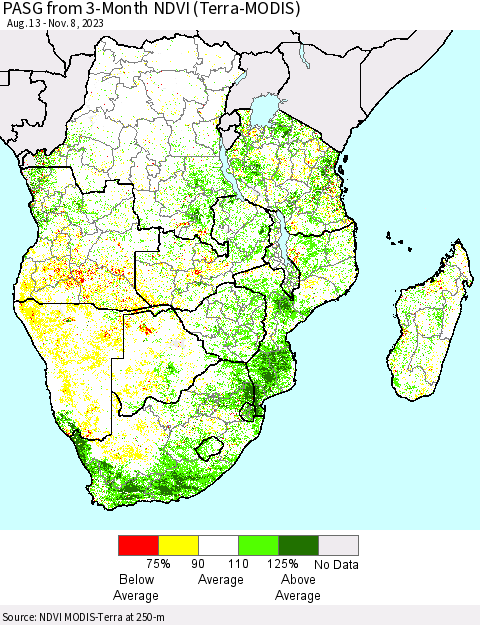 Southern Africa PASG from 3-Month NDVI (Terra-MODIS) Thematic Map For 11/1/2023 - 11/8/2023
