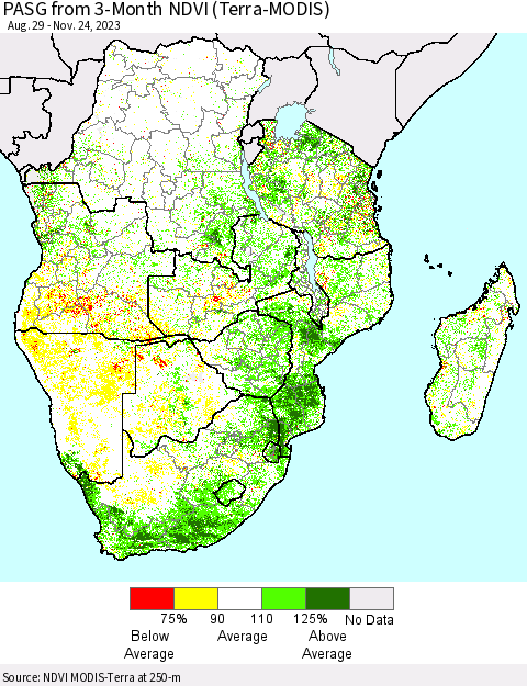 Southern Africa PASG from 3-Month NDVI (Terra-MODIS) Thematic Map For 11/17/2023 - 11/24/2023