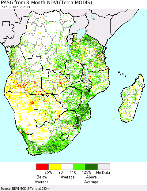 Southern Africa PASG from 3-Month NDVI (Terra-MODIS) Thematic Map For 11/25/2023 - 12/2/2023