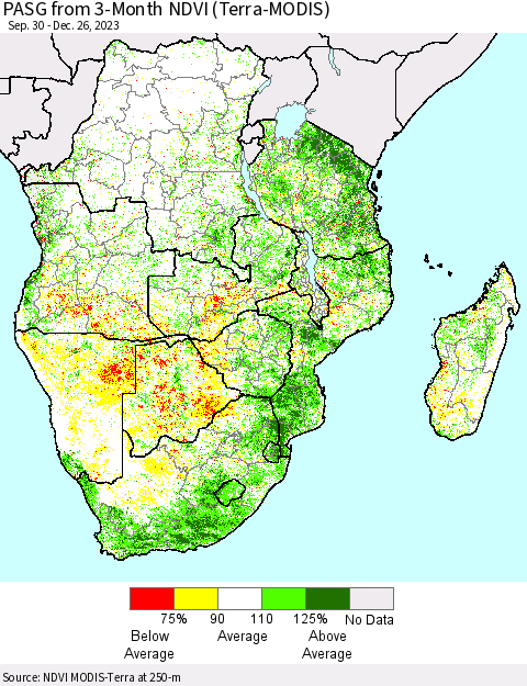 Southern Africa PASG from 3-Month NDVI (Terra-MODIS) Thematic Map For 12/19/2023 - 12/26/2023